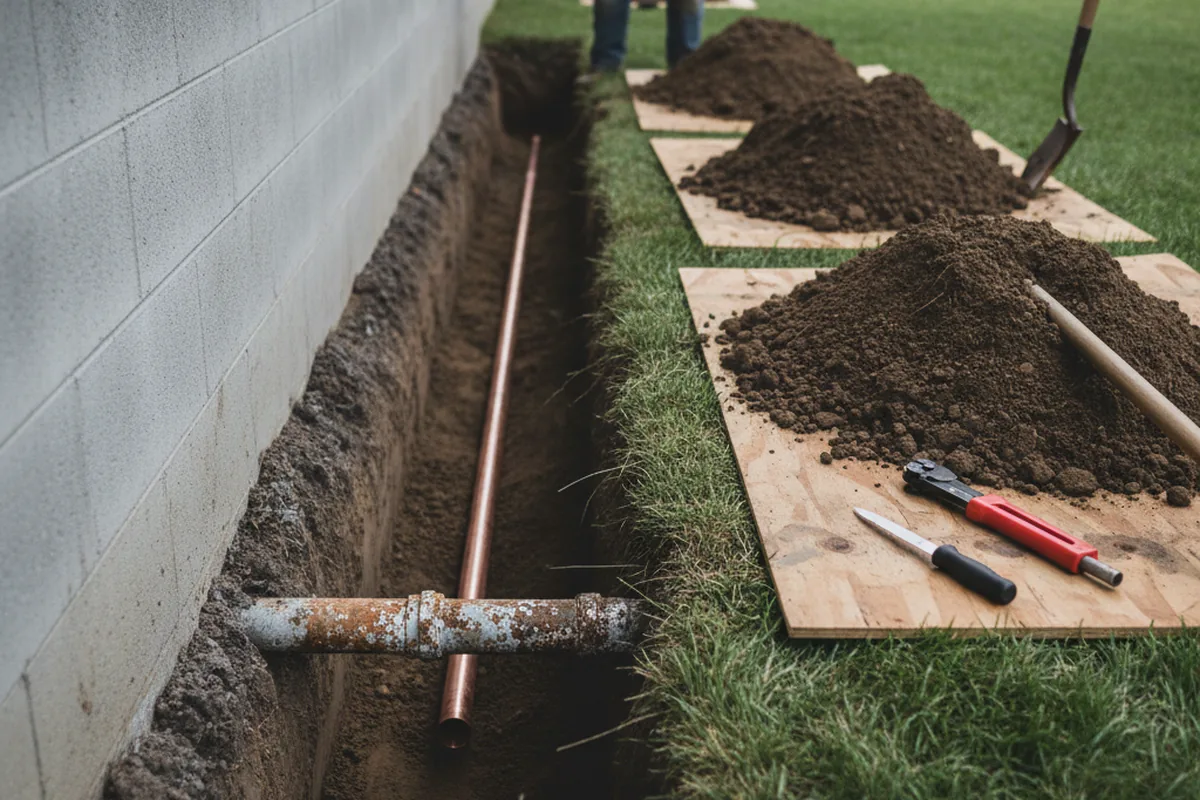 Excavated water line trench during Sewer Line Repair in New Palestine